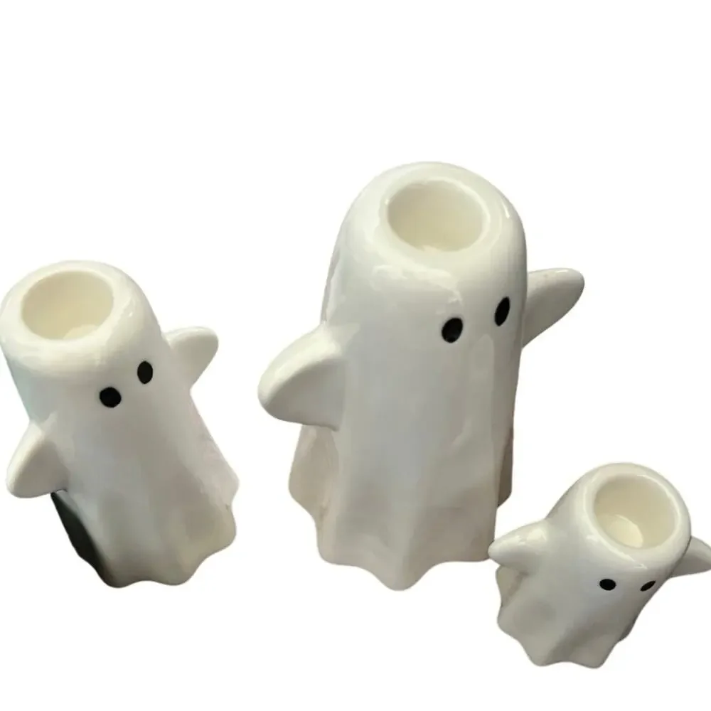 3pc Ceramic Ghost Taper Candle Holder Set Halloween White Candlestick Spooky New